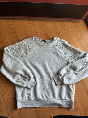 Express Pearl-Embellished Light Gray Sweatshirt